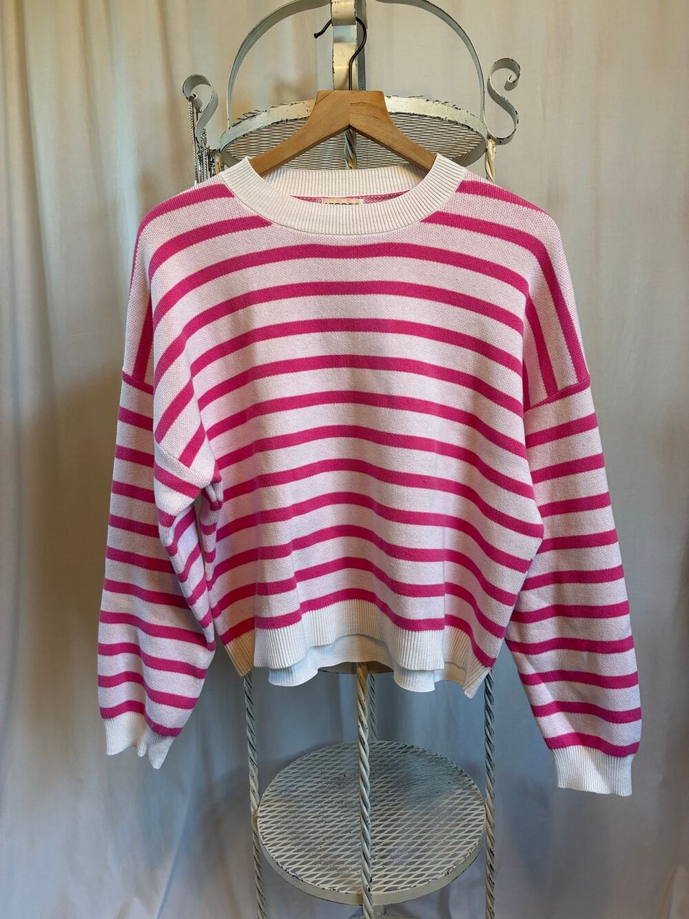 Vigosss Sweater Pink & White Striped Cotton Dolman Sleeves with White Ribbing Lg